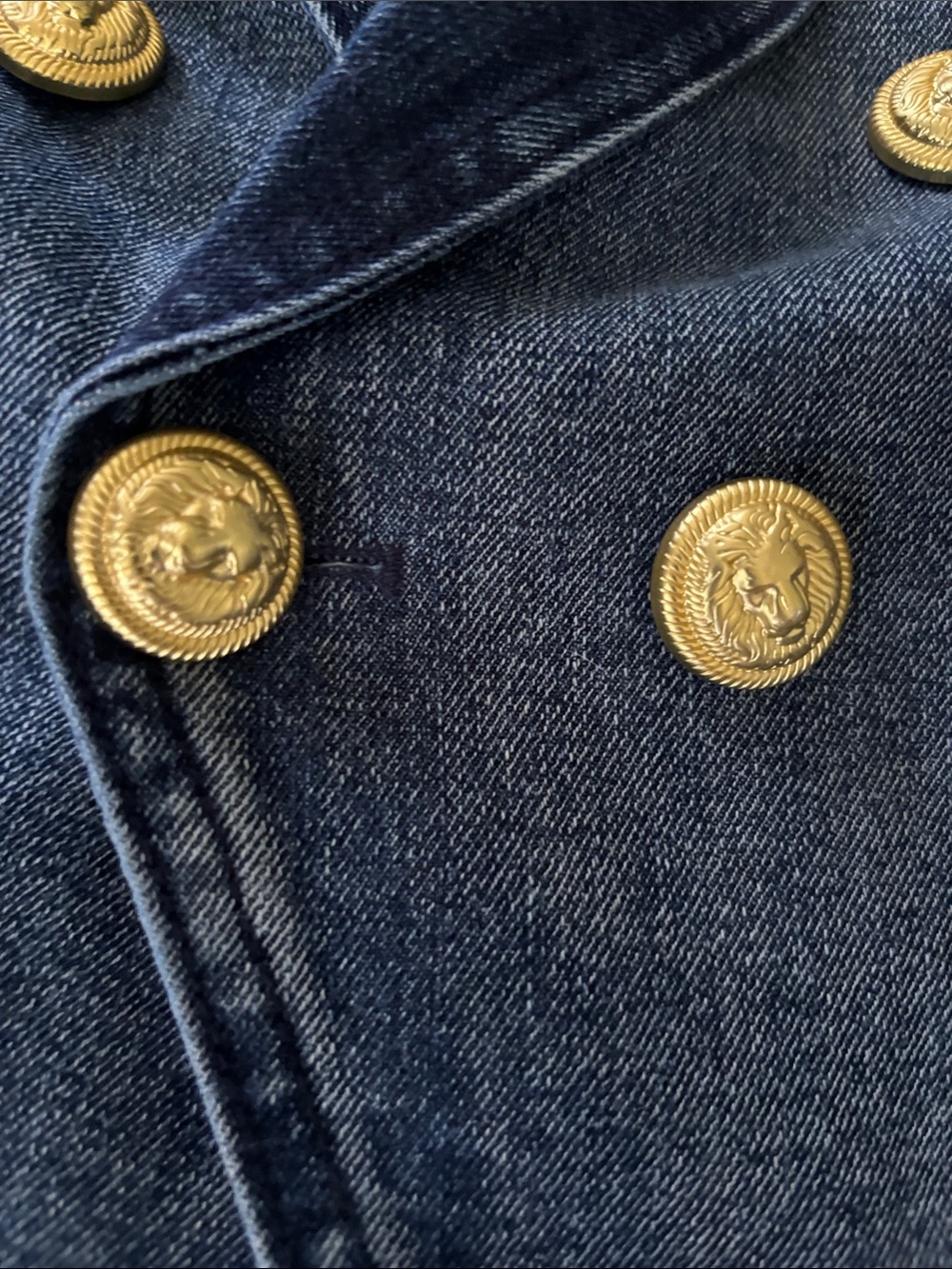 Double-Breasted Distressed Denim Blazer with Gold Buttons - Picture 2 of 3